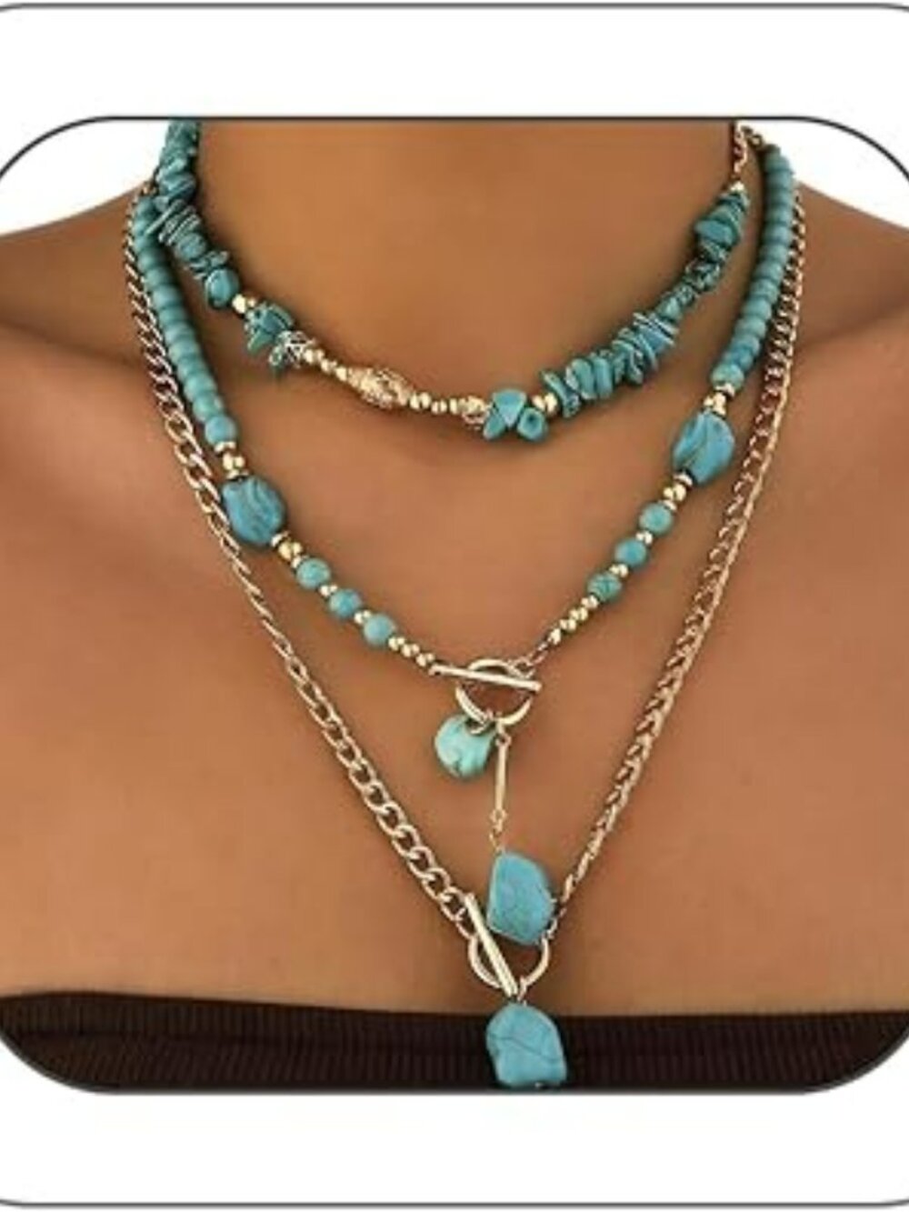 New - Boho Western Necklace Chunky Turquoise & Gold Beaded Multi Layered Jewelry